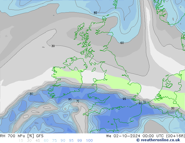 RH 700 hPa GFS Mi 02.10.2024 00 UTC