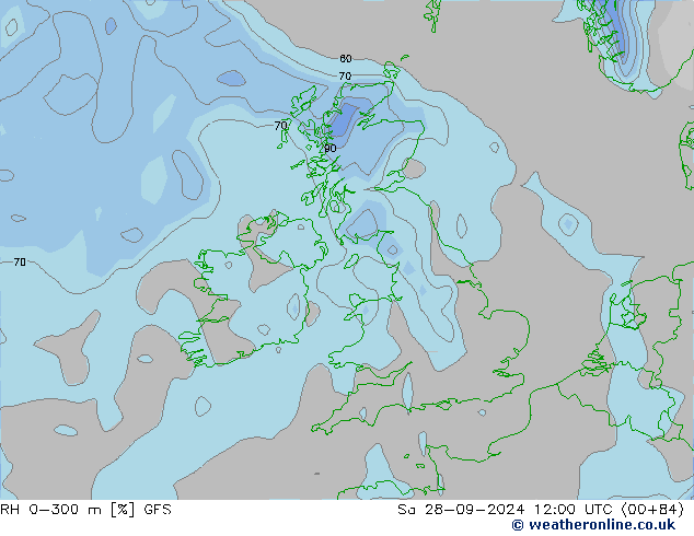 Humedad rel. 0-300m GFS sáb 28.09.2024 12 UTC