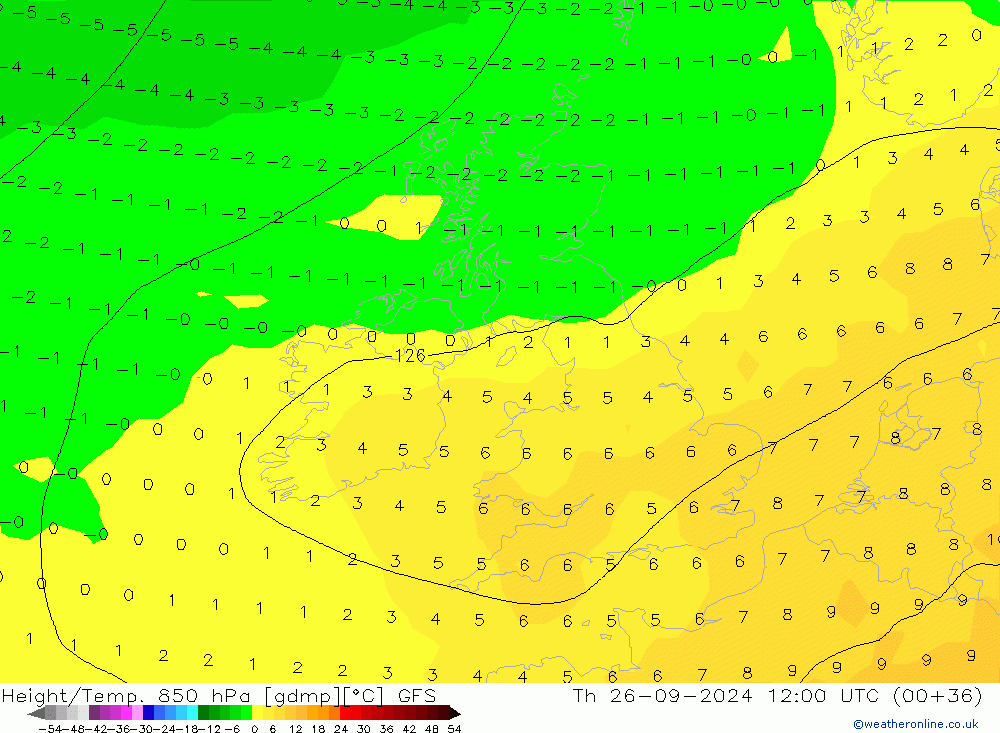 Height/Temp. 850 hPa GFS gio 26.09.2024 12 UTC