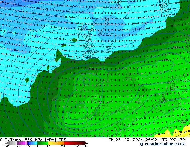 SLP/Temp. 850 hPa GFS czw. 26.09.2024 06 UTC