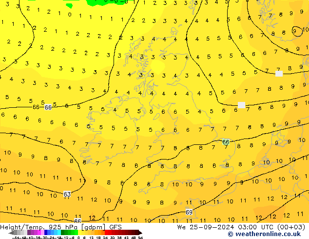 Height/Temp. 925 hPa GFS We 25.09.2024 03 UTC