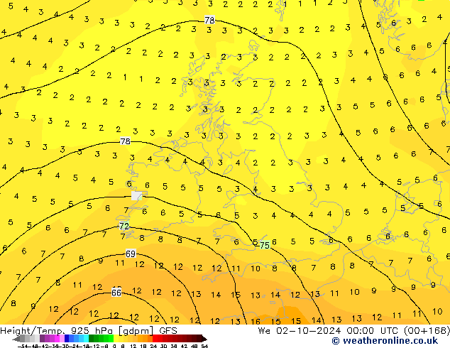 Height/Temp. 925 hPa GFS mer 02.10.2024 00 UTC