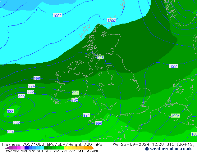 Thck 700-1000 hPa GFS  25.09.2024 12 UTC