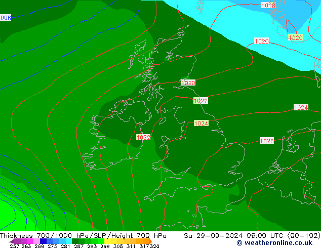 Thck 700-1000 hPa GFS dim 29.09.2024 06 UTC