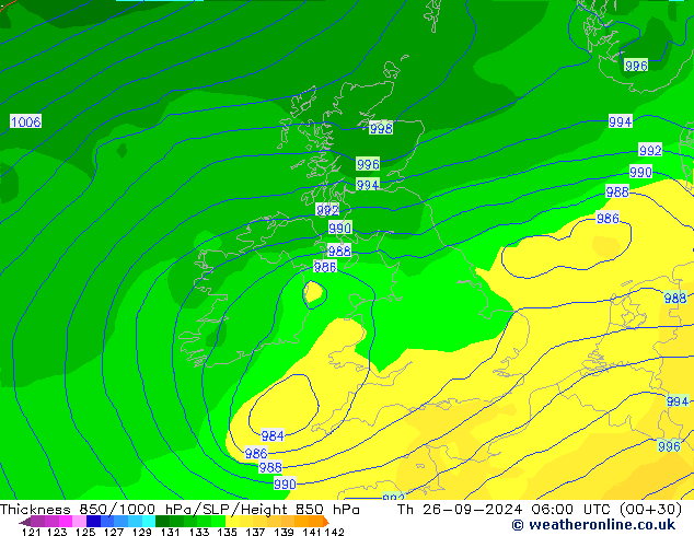 Thck 850-1000 hPa GFS czw. 26.09.2024 06 UTC