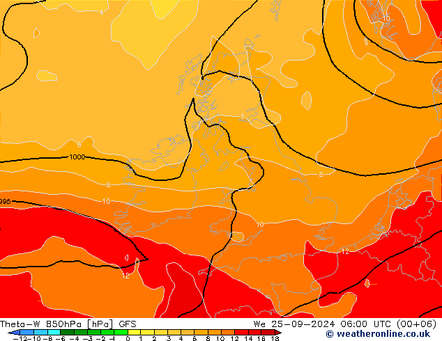 Theta-W 850hPa GFS śro. 25.09.2024 06 UTC