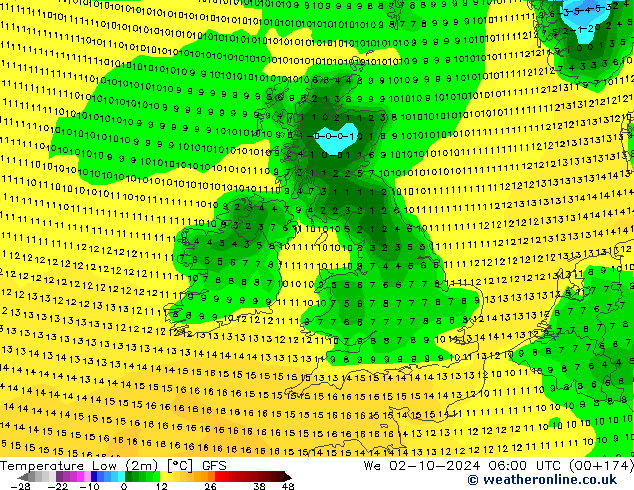 temperatura mín. (2m) GFS Qua 02.10.2024 06 UTC