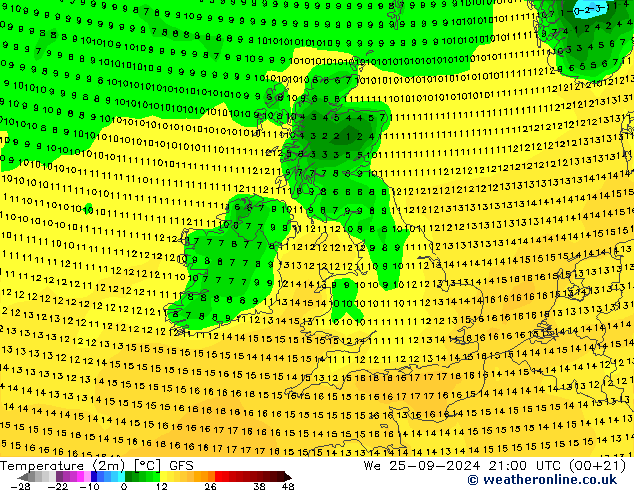 карта температуры GFS ср 25.09.2024 21 UTC