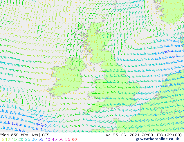 Wind 850 hPa GFS Mi 25.09.2024 00 UTC