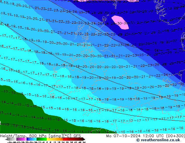 Z500/Rain (+SLP)/Z850 GFS Mo 07.10.2024 12 UTC