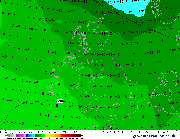 Height/Temp. 700 hPa GFS sab 28.09.2024 12 UTC