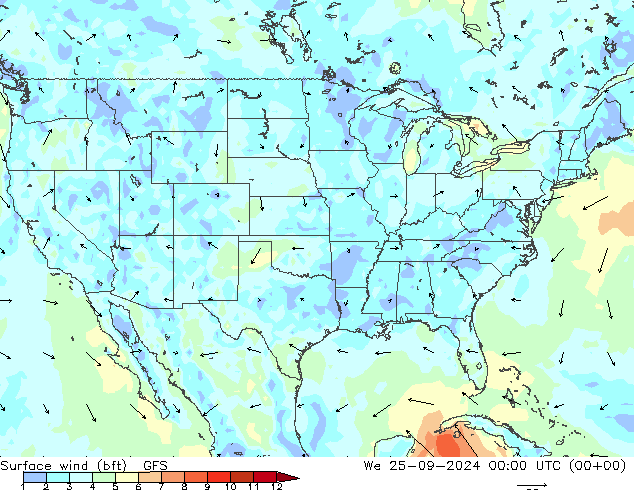 Vento 10 m (bft) GFS mer 25.09.2024 00 UTC