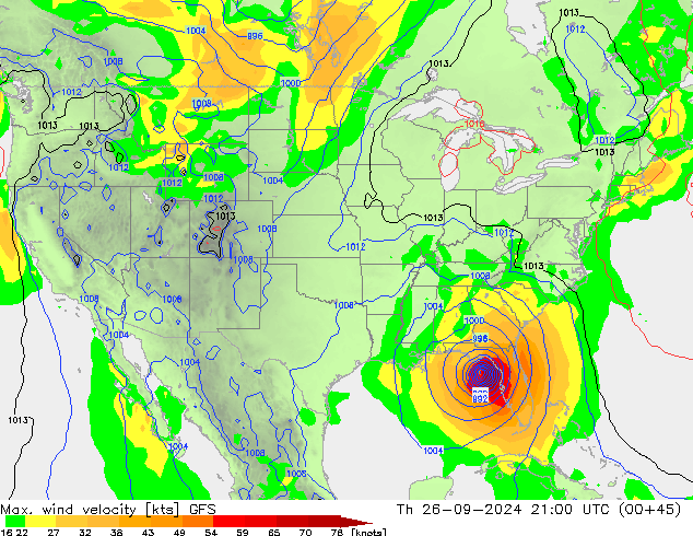 Max. wind velocity GFS чт 26.09.2024 21 UTC