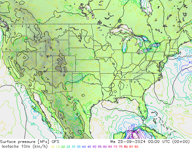 Isotachs (kph) GFS mer 25.09.2024 00 UTC