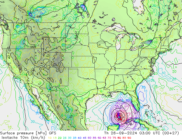 Isotachs (kph) GFS  26.09.2024 03 UTC