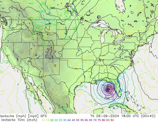 Izotacha (mph) GFS czw. 26.09.2024 18 UTC