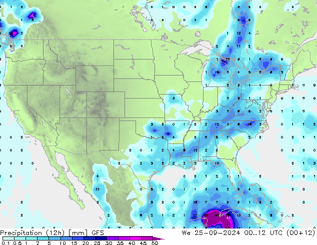 Totale neerslag (12h) GFS wo 25.09.2024 12 UTC