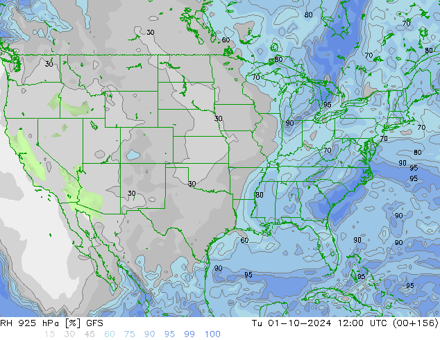 RH 925 hPa GFS Út 01.10.2024 12 UTC