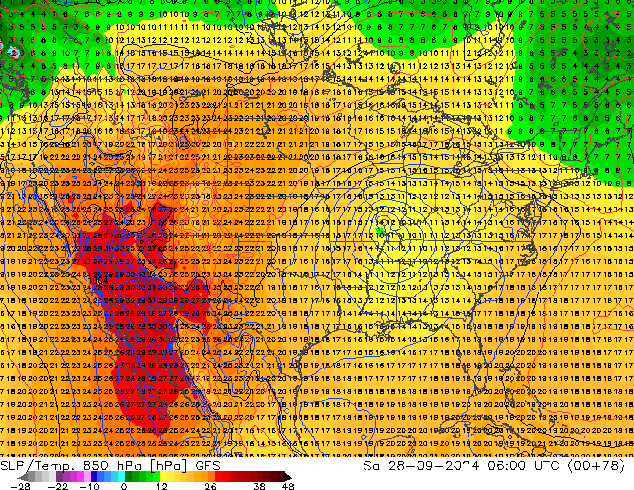 SLP/Temp. 850 hPa GFS so. 28.09.2024 06 UTC