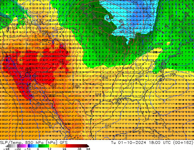 SLP/Temp. 850 hPa GFS Út 01.10.2024 18 UTC