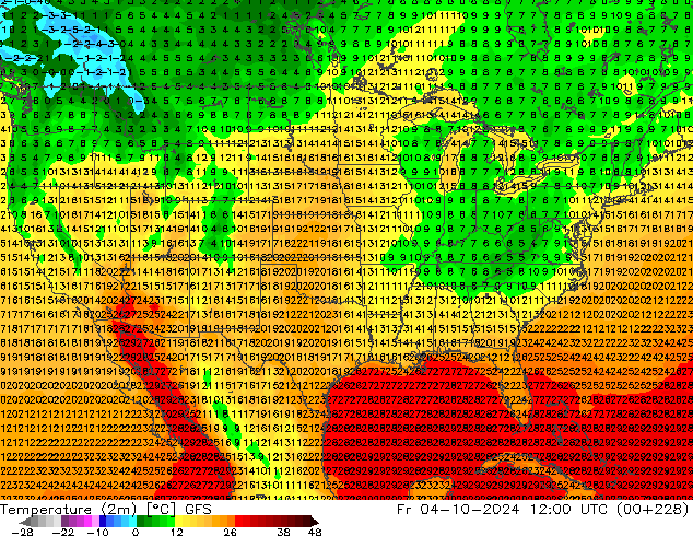 Temperaturkarte (2m) GFS Fr 04.10.2024 12 UTC