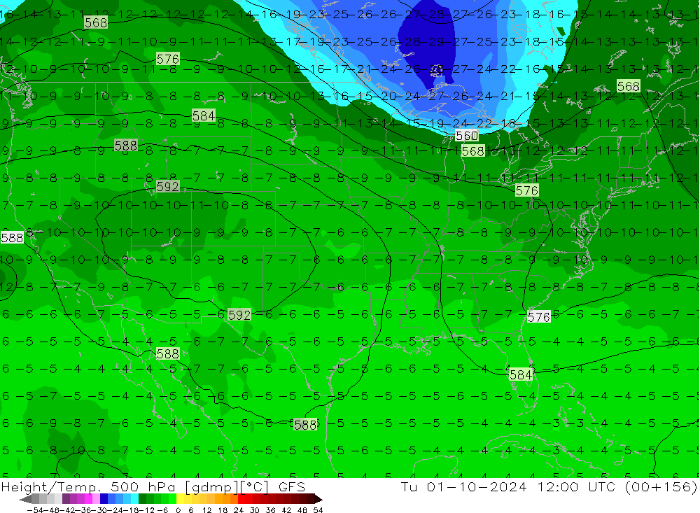 Z500/Rain (+SLP)/Z850 GFS  01.10.2024 12 UTC