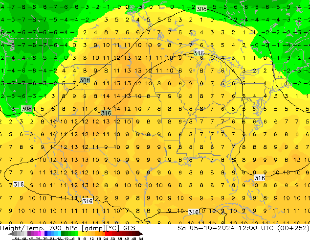 Height/Temp. 700 hPa GFS So 05.10.2024 12 UTC