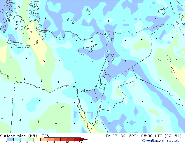 Surface wind (bft) GFS Fr 27.09.2024 06 UTC