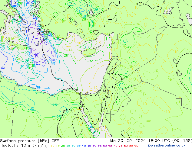 Isotachs (kph) GFS Mo 30.09.2024 18 UTC