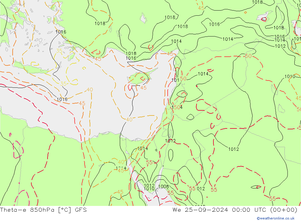 Theta-e 850hPa GFS śro. 25.09.2024 00 UTC