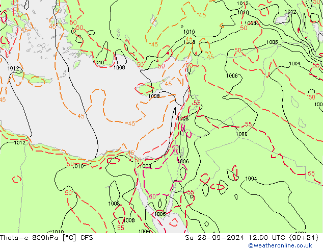 Theta-e 850hPa GFS Sa 28.09.2024 12 UTC