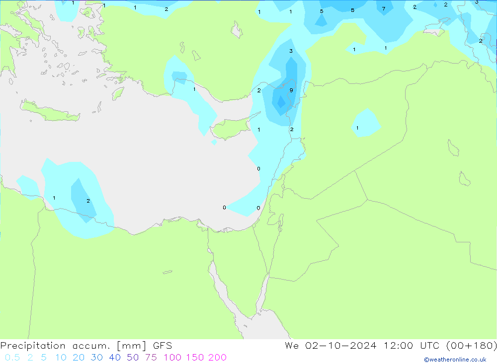 Precipitation accum. GFS We 02.10.2024 12 UTC