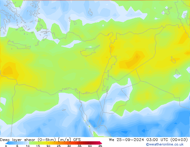 Deep layer shear (0-6km) GFS St 25.09.2024 03 UTC