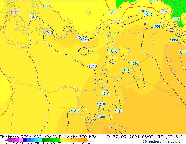 Thck 700-1000 гПа GFS пт 27.09.2024 06 UTC