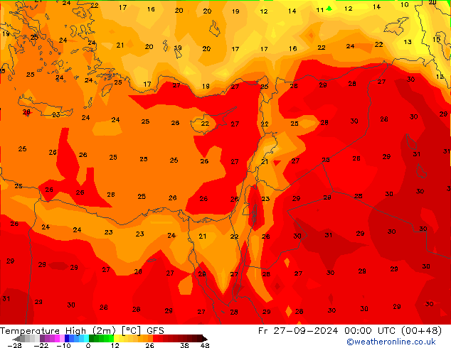 Temperature High (2m) GFS Fr 27.09.2024 00 UTC