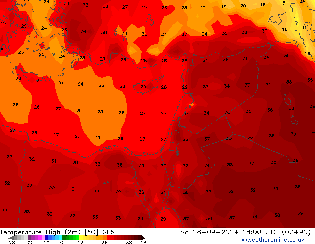 Max. Temperatura (2m) GFS so. 28.09.2024 18 UTC