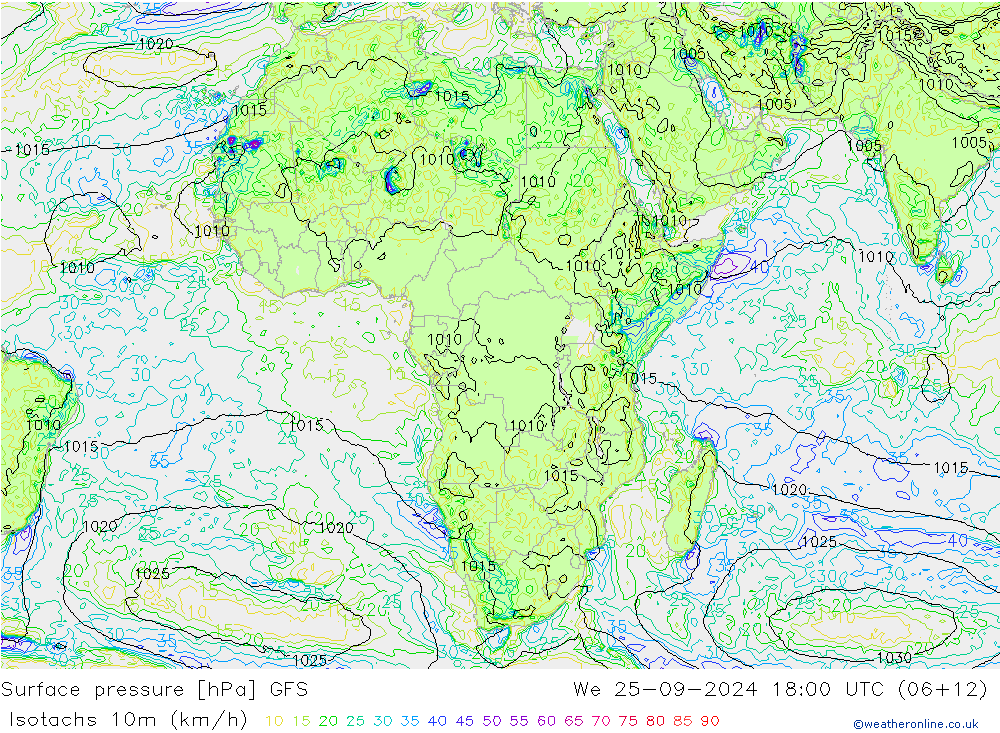 Isotachs (kph) GFS ср 25.09.2024 18 UTC