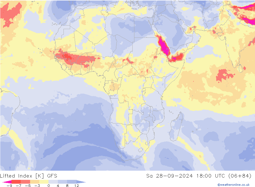 Lifted Index GFS Sa 28.09.2024 18 UTC