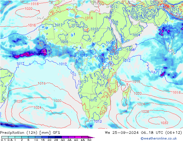 Precipitación (12h) GFS mié 25.09.2024 18 UTC