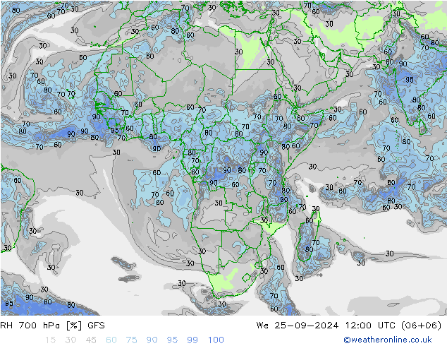 RH 700 hPa GFS We 25.09.2024 12 UTC