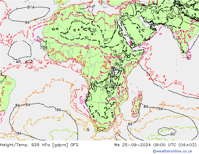 Geop./Temp. 925 hPa GFS mié 25.09.2024 09 UTC