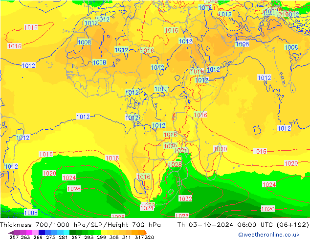 Thck 700-1000 hPa GFS jeu 03.10.2024 06 UTC