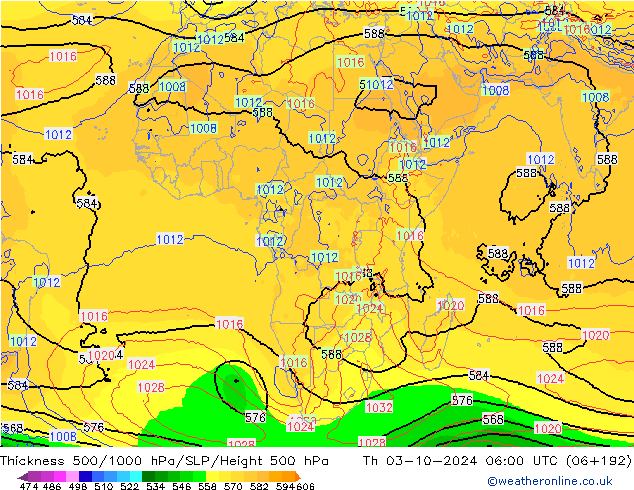 Thck 500-1000hPa GFS Th 03.10.2024 06 UTC