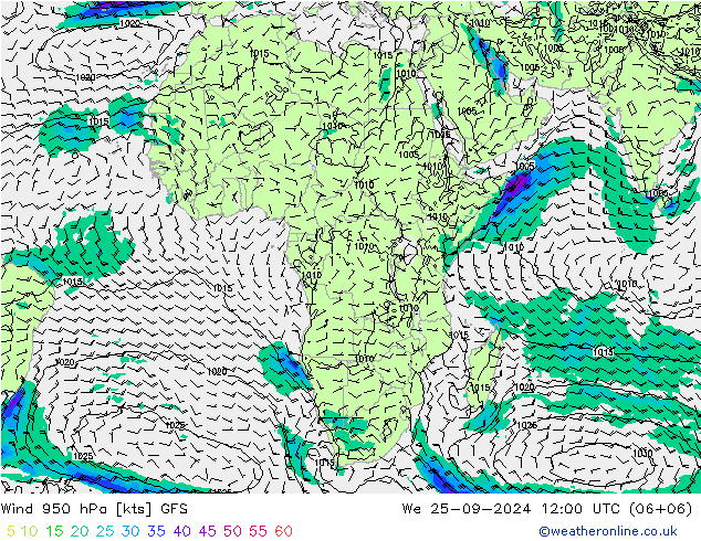 wiatr 950 hPa GFS śro. 25.09.2024 12 UTC