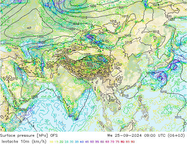 Eşrüzgar Hızları (km/sa) GFS Çar 25.09.2024 09 UTC