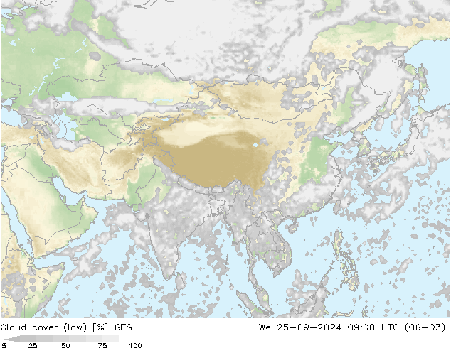 Bewolking (Laag) GFS wo 25.09.2024 09 UTC