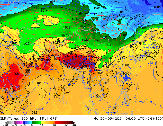 SLP/Temp. 850 hPa GFS pon. 30.09.2024 06 UTC