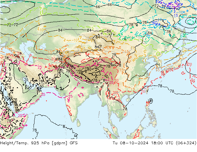 Height/Temp. 925 гПа GFS вт 08.10.2024 18 UTC