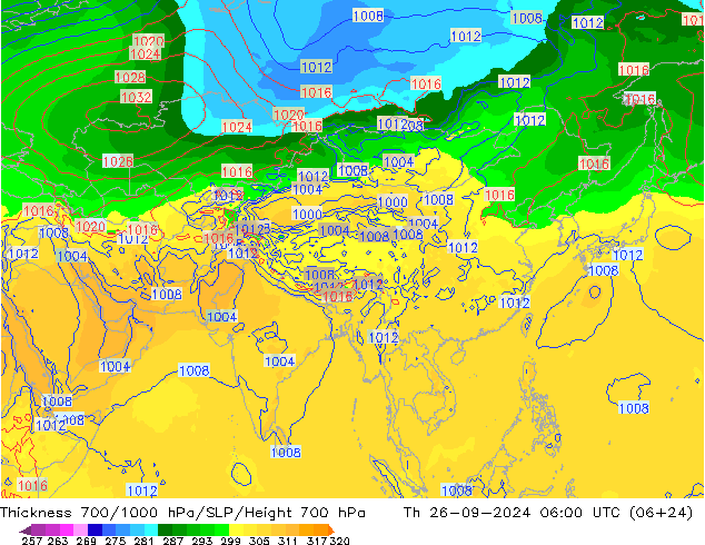 Thck 700-1000 hPa GFS Čt 26.09.2024 06 UTC