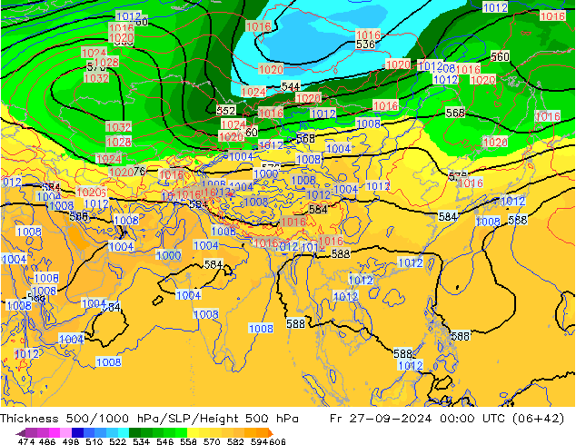 Espesor 500-1000 hPa GFS vie 27.09.2024 00 UTC